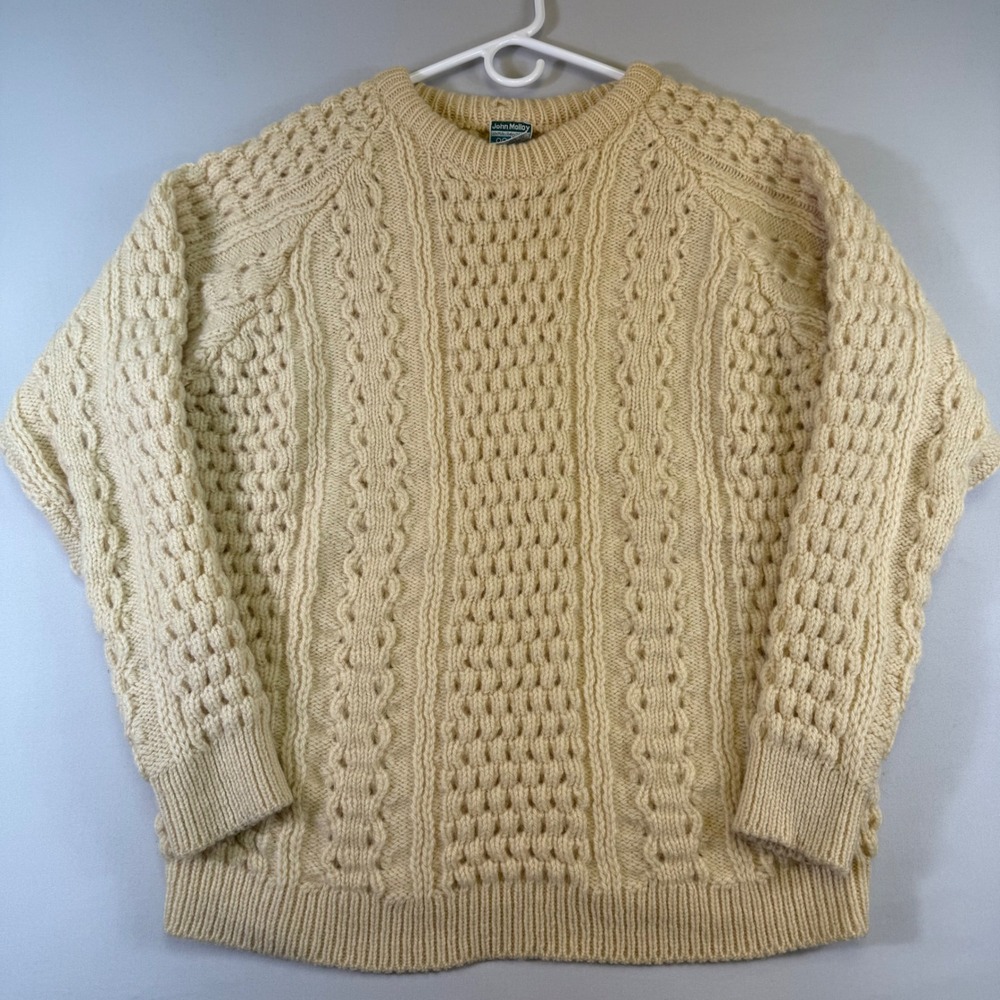 John Molloy Fisherman Sweater Mens XL Cream Pure Virgin Wool Aran Knit Ireland